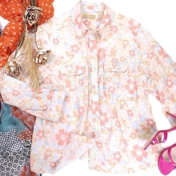Kate Hill Pastel Floral Button Down TopSz 2x - Picture 1 of 15